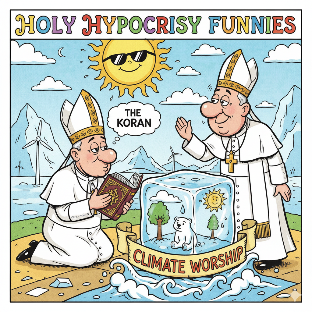 Popes in a cartoon kiss the Koran and bless climate worship