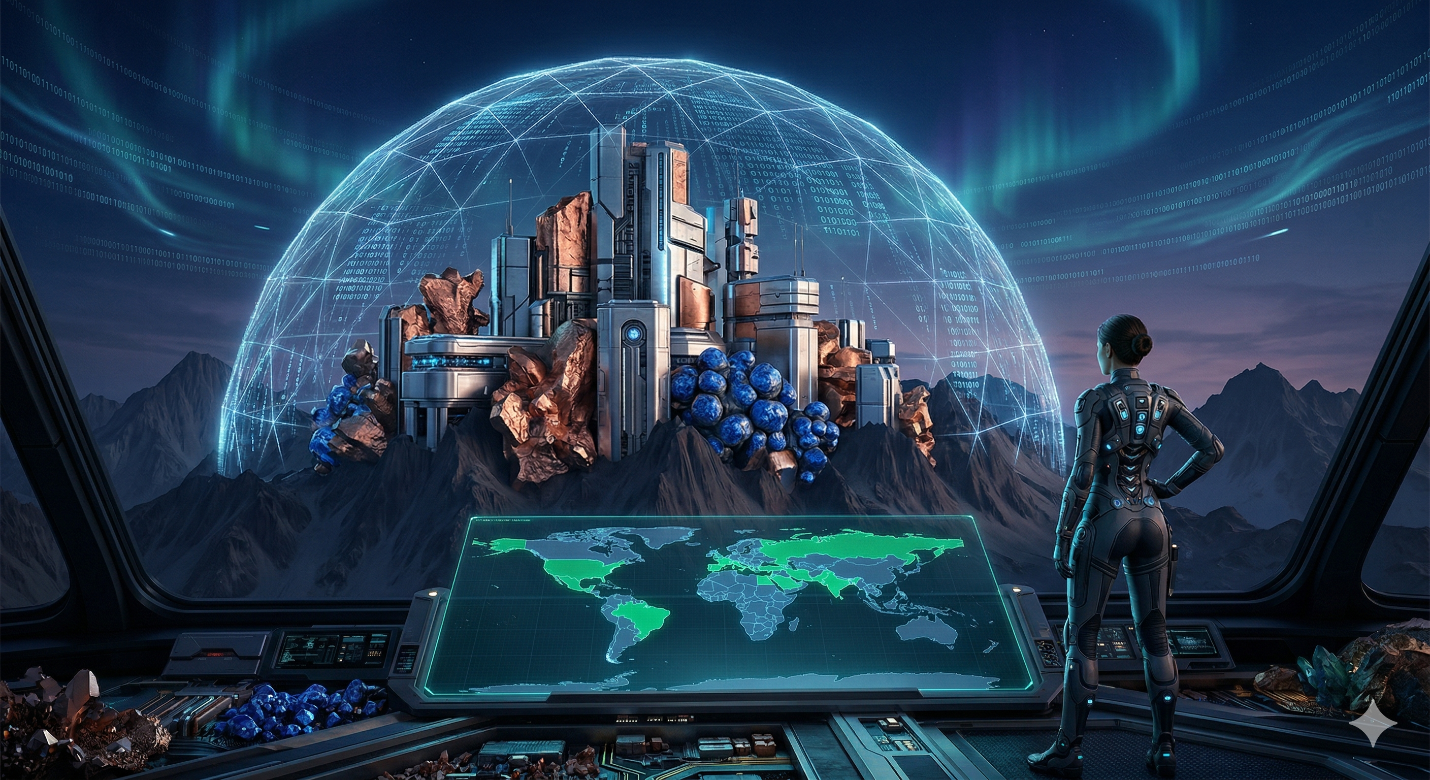 AI finance reporter (Kal Fleek style) stands with her back to the viewer, looking out at a tactical holographic map of the world where specific regions are glowing in "sovereign green." The sky is a deep twilight navy with streaks of data-stream auroras. Moody, sharp lighting, 8k resolution, intricate details of minerals and circuitry.
