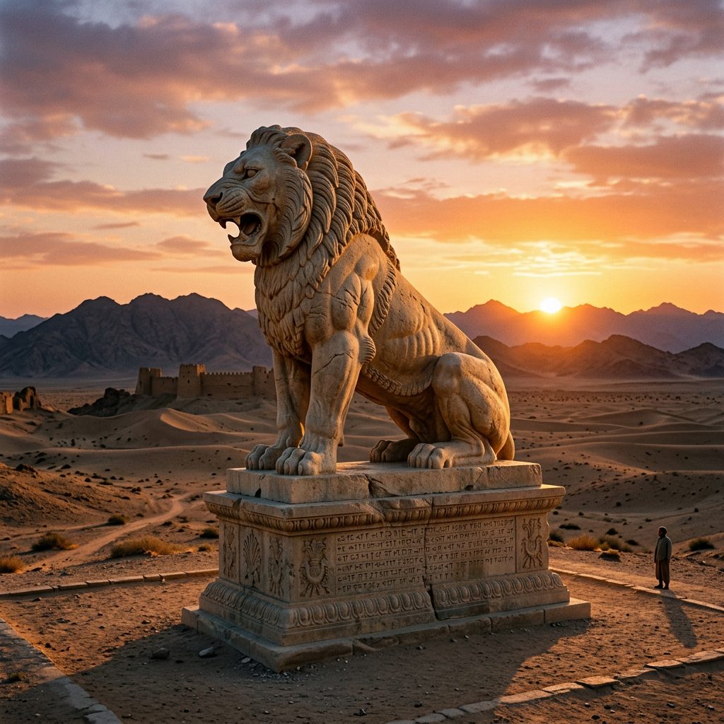 Stone lion statue on a pedestal in desert at sunset